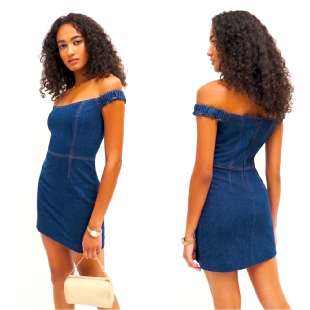 Reformation off shoulder mini denim dress size 6